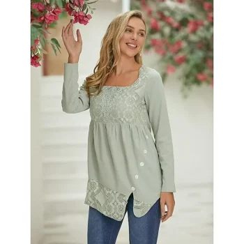 Women's Lace Shirt Shirt Blouse Plain Casual Pink Dark Green Gray Lace Long Sleeve Basic Square Neck Regular Fit Spring Fall