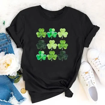 Women's T shirt Tee Black White Blue Leaf St. Patrick's Day Print Short Sleeve Holiday Weekend Round Neck Regular Floral Painting S