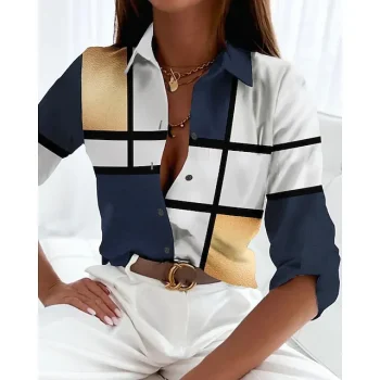 Women's Shirt Blouse Color Block Casual Yellow Button Print Long Sleeve Vintage Basic Shirt Collar Regular Fit Spring Fall