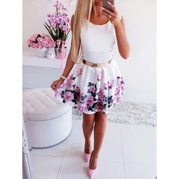 Women's Party Dress Wedding Guest Dress Semi Formal Dress Mini Dress Black White Sleeveless Floral With Belt Summer Spring Crew Neck Party Office Wedding Guest Vacation S M L XL 2XL 3XL