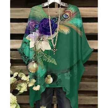 Women's Shirt Blouse Floral Feather Casual Holiday Green Print Asymmetric Short Sleeve Basic Neon & Bright Round Neck Loose Fit