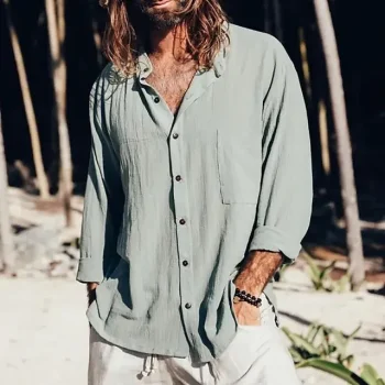 Men's Linen Shirt Summer Shirt Beach Shirt Black White Blue Long Sleeve Plain Collar Summer Casual Daily Clothing Apparel Front Pocket