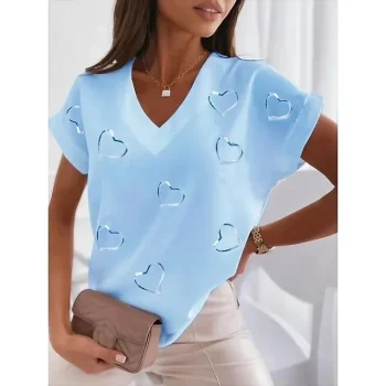 Women's T shirt Tee Blouse Heart Casual Dolman Sleeve White Pink Blue Print Short Sleeve Basic V Neck Regular Fit