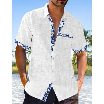 Men's Linen Shirt Casual Shirt Summer Shirt Beach Shirt Black White Pink Short Sleeve Plain Lapel Spring & Summer Hawaiian Holiday Clothing Apparel Front Pocket