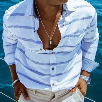 Men's Shirt Summer Shirt Beach Shirt Blue Long Sleeve Striped Lapel Spring & Summer Hawaiian Holiday Clothing Apparel Print
