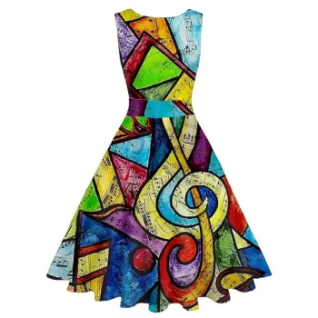 Women's Retro 1950s Vintage Tea Dresses Midi Dress Daily Date Ruched Print Note Crew Neck Sleeveless Slim Summer Spring Yellow Purple S M L XL