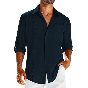 Men's Shirt Casual Shirt Summer Shirt Beach Shirt Black White Blue Long Sleeve Plain Lapel Spring & Summer Hawaiian Holiday Clothing Apparel Pocket