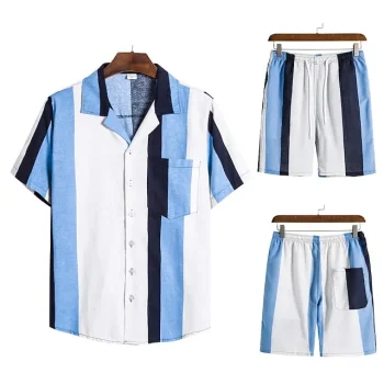 Men's 2 Piece Shirt Set Summer Shirt Beach Shirt Blue Short Sleeve Striped Lapel Spring & Summer Hawaiian Holiday Clothing Apparel Pocket