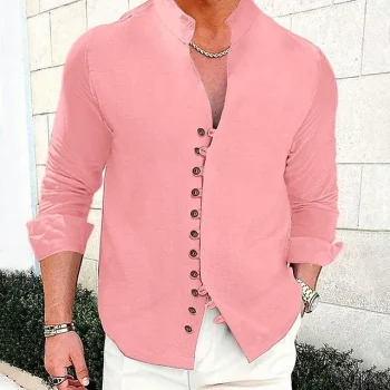 Men's Linen Shirt Shirt Button Up Shirt Casual Shirt Summer Shirt Beach Shirt Black White Pink Long Sleeve Plain Stand Collar Spring & Summer Casual Daily Clothing Apparel