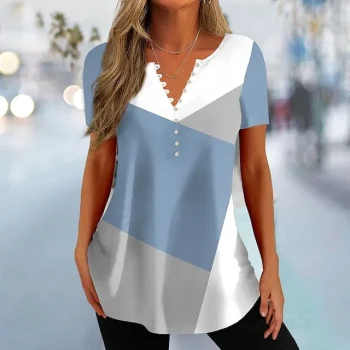Women's T shirt Tee Henley Shirt Color Block Anchor Daily Weekend Black Blue Green Button Print Short Sleeve Tunic Basic V Neck Regular Fit