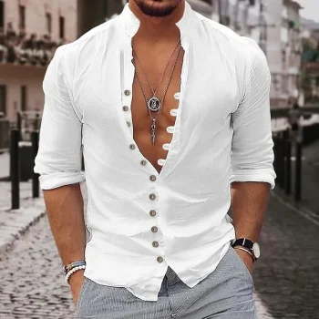 Men's Linen Shirt Shirt Button Up Shirt Casual Shirt Summer Shirt Beach Shirt Black White Pink Long Sleeve Plain Stand Collar Spring & Summer Casual Daily Clothing Apparel