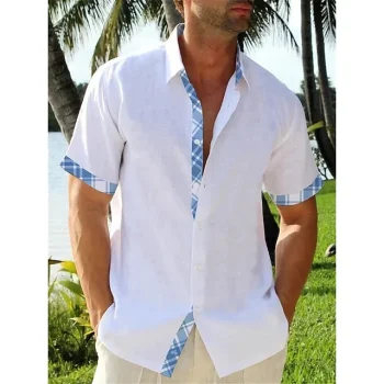 Men's Shirt Button Up Shirt Casual Shirt Summer Shirt Beach Shirt White Green Dark Blue Gray Short Sleeve Color Block Lapel Daily Vacation Clothing Apparel Fashion Casual Comfortable