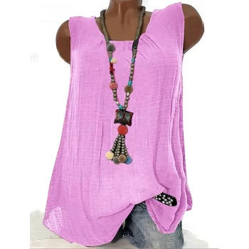 Women's Tank Top Linen Plain Casual Sleeveless Purple Sleeveless Basic Round Neck Regular Fit
