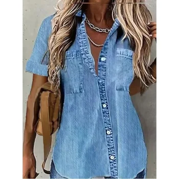 Women's Shirt Blouse Plain Casual Sky Blue Button Pocket Short Sleeve Basic Shirt Collar Regular Fit