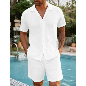 Men's Linen Shirt Shirt Set Summer Shirt Beach Shirt White Blue Orange Short Sleeve Plain Camp Collar Spring & Summer Hawaiian Holiday Clothing Apparel 2 Piece