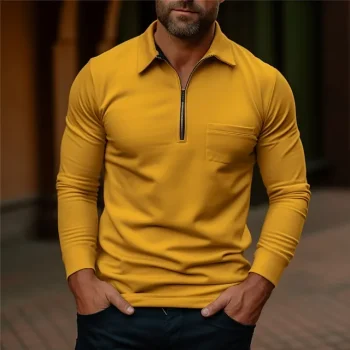Men's Polo Shirt Quarter Zip Polo Work Daily Wear Lapel Long Sleeve Fashion Comfortable Plain Pocket Zip Up Summer Spring Regular Fit Yellow Navy Blue Dark Grey Army Green Polo Shirt