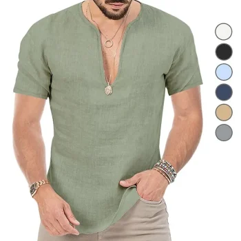 Men's Casual Shirt Summer Shirt Beach Shirt Black White Blue Short Sleeve Plain V Neck Spring & Summer Hawaiian Holiday Clothing Apparel Basic