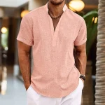 Men's Shirt Linen Shirt Popover Shirt Summer Shirt Beach Shirt Black White Pink Short Sleeve Plain Henley Summer Casual Daily Clothing Apparel