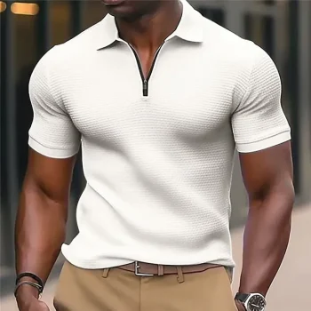 Men's Waffle Polo Shirt Zip Polo Outdoor Sports Lapel Quarter Zip Short Sleeve Fashion Modern Plain Zipper Summer Regular Fit White Waffle Polo Shirt