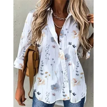 Women's Shirt Blouse Floral Casual Holiday White Yellow Green Button Print Long Sleeve Daily Basic Shirt Collar Regular Fit Fall & Winter