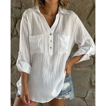 Women's Shirt Blouse Linen Plain Casual Black Red Green Button Pocket Long Sleeve Daily Basic Shirt Collar Regular Fit Fall & Winter