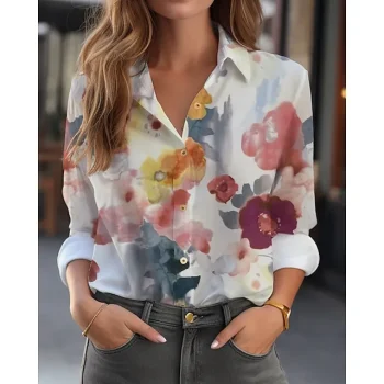 Women's Shirt Blouse Floral Casual Holiday White Red Royal Blue Button Print Long Sleeve Elegant Fashion Daily Shirt Collar Regular Fit Fall & Winter