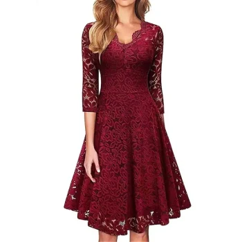 Women's Christmas Party Dress Lace Dress Cocktail Dress Midi Dress Black Wine Navy Blue 3/4 Length Sleeve Pure Color Lace Spring Fall Winter V Neck Fashion Winter Dress