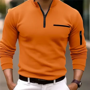 Men's Polo Shirt Pullover Sports Daily Wear Quarter Zip Long Sleeve Fashion Comfortable Plain Pocket Zip Up Spring & Fall Regular Fit Black White Navy Blue Orange Polo Shirt