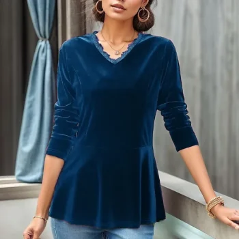Women's Lace Shirt Shirt Blouse Velvet Plain Casual Black Red Blue Lace Trims Flowing tunic Long Sleeve Basic Neon & Bright V Neck Regular Fit Fall & Winter