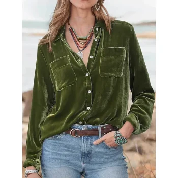 Women's Shirt Blouse Velvet Plain Casual Red Blue Green Button Pocket Long Sleeve Fashion Shirt Collar Regular Fit Fall & Winter