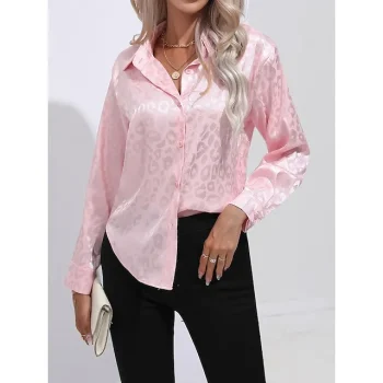 Women's Shirt Blouse Satin Leopard Casual Pink Green Beige Print Button Long Sleeve Fashion Shirt Collar Regular Fit Spring & Fall
