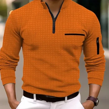 Men's Waffle Polo Shirt Pullover Sports & Outdoor Daily Wear Quarter Zip Long Sleeve Fashion Comfortable Color Block Pocket Zip Up Spring & Fall Regular Fit Black White Blue Orange Waffle Polo Shirt