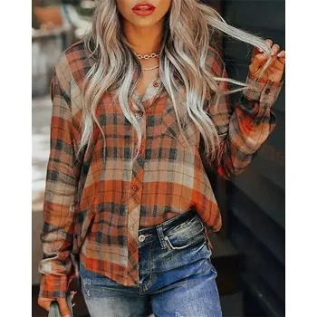Women's Shirt Shacket Plaid Casual Orange Print Button Pocket Long Sleeve Fashion Shirt Collar Regular Fit Spring & Fall
