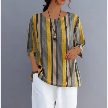 Women's Shirt Blouse Linen Floral Striped Black Yellow Red Print Short Sleeve Casual Fashion Round Neck Regular Fit Spring & Summer