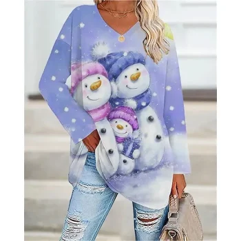 Women's T shirt Tee Christmas Shirt Leopard Snowman Weekend Purple Print Long Sleeve Festival / Holiday V Neck Regular Fit Spring & Fall