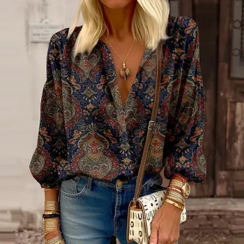 Women's Shirt Blouse Green Graphic Button Print Long Sleeve Casual Fashion Standing Collar Regular Fit Spring & Fall