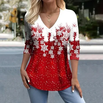 Women's T shirt Tee Snowflake Weekend Red Print Long Sleeve Festival / Holiday Christmas V Neck Regular Fit Spring & Fall