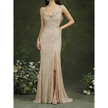 Women's Sequin Dress Prom Dress Party Dress Sparkly Dress Long Dress Maxi Dress Champagne Sleeveless Spring Fall Winter Spaghetti Strap Fashion Evening Party