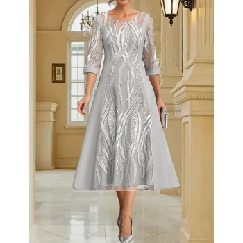 Women's Christmas Party Dress Lace Dress Cocktail Dress Midi Dress Silver 3/4 Length Sleeve Pure Color Lace Spring Fall Winter Crew Neck Fashion Winter Dress Office Christmas XXL 3XL