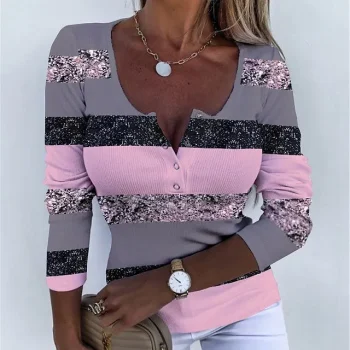 Women's T shirt Tee Henley Shirt Color Block Daily Weekend Yellow Pink Blue Print Button Long Sleeve Fashion U Neck Regular Fit Spring & Fall