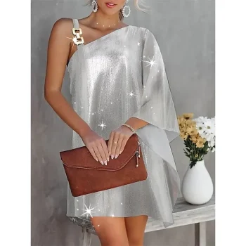 Women's Party Dress Cocktail Dress Wedding Guest Dress Mini Dress Silver Long Sleeve Pure Color Patchwork Spring Fall Winter One Shoulder Fashion Winter Dress Office Vacation S M L XL XXL 3XL