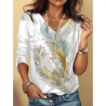 Women's T shirt Tee Feather Daily Weekend White Wine Brown Print Long Sleeve Fashion V Neck Regular Fit Spring & Fall