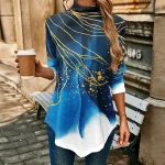 Women's T shirt Tee Designer Shirt Graphic Daily Weekend Blue Green Rose Pink Print Asymmetrical Long Sleeve Fashion Turtleneck High Neck Regular Fit Spring & Fall