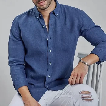 Men's Linen Shirt Shirt Button Up Shirt Casual Shirt White Blue Sky Blue Long Sleeve Plain Button Down Collar Spring & Fall Casual Daily Clothing Apparel Front Pocket