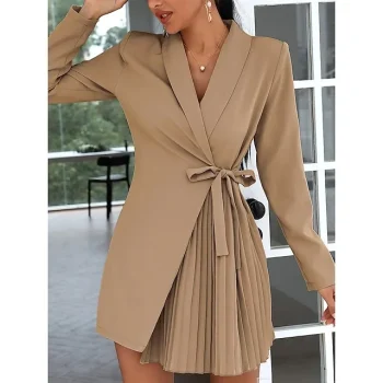 Women's Party Dress Cocktail Dress Work Dress Mini Dress Black Khaki Long Sleeve Pure Color Lace up Spring Fall Winter Shirt Collar Fashion Winter Dress Office Wedding Guest S M L XL XXL 3XL