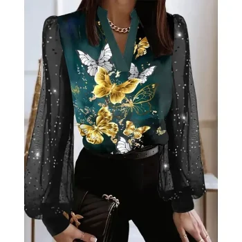 Christmas Shirt Women's Shirt Blouse Christmas Tree Christmas Work Yellow Print Mesh Patchwork Long Sleeve Fashion Festival / Holiday V Neck Regular Fit Spring & Fall