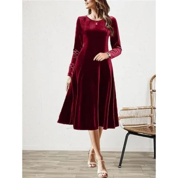 Women's Velvet Dress Party Dress Cocktail Dress Midi Dress Black Wine Blue Long Sleeve Pure Color Ruched Spring Fall Winter Crew Neck Fashion Winter Dress Christmas Wedding Guest Slim M L XL XXL