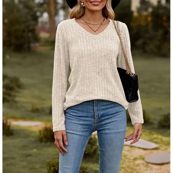 Women's Shirt Blouse Plain Casual Black Wine Army Green Long Sleeve Fashion V Neck Regular Fit Spring & Fall