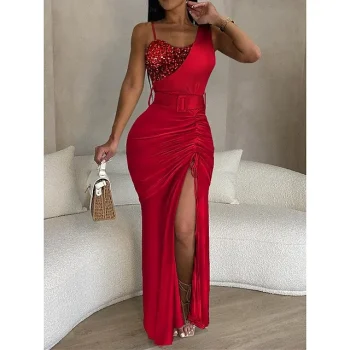 Women's Prom Dress Red Christmas Party Dress Sequin Dress New Year's Eve Dress Wedding Guest Dress Long Dress Maxi Dress Red Sleeveless Sequins Spring Fall Winter U Neck