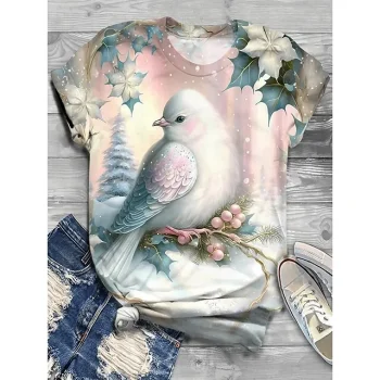Women's T shirt Tee Bird Daily Weekend White Pink Blue Print Short Sleeve Fashion Funny Round Neck Regular Fit Spring & Summer